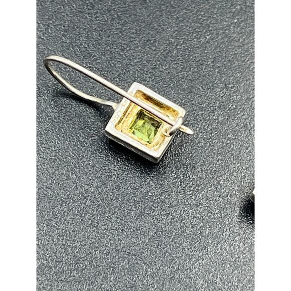 Sterling Silver Designer Square Bezel Set Peridot Dangle Drop Wire Earring - Picture 8 of 10